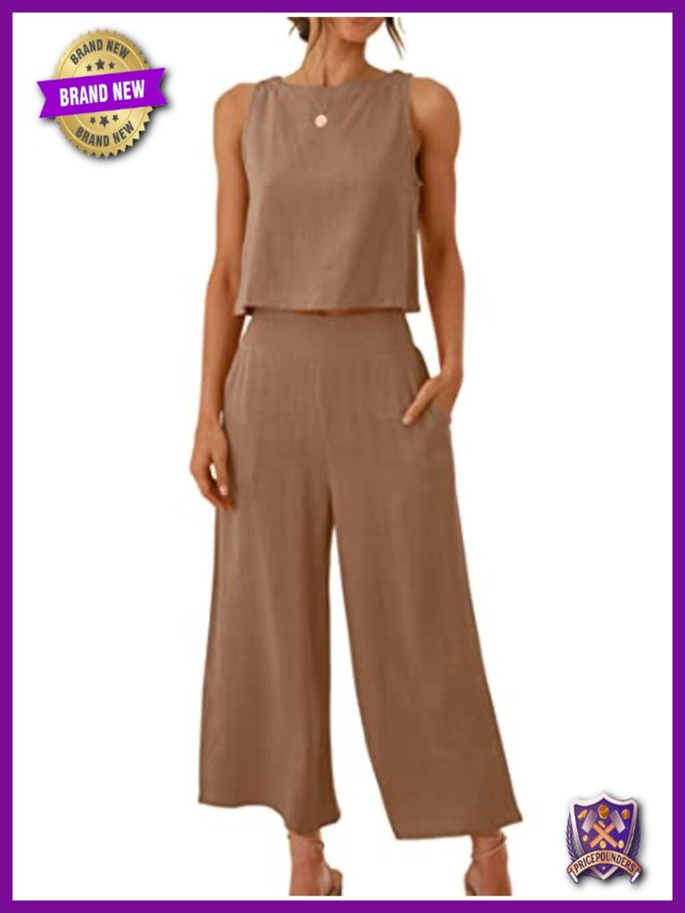 2 Piece Linen Set Sleeveless Crop Top Wide Leg Cropped Pants Summer Outfit